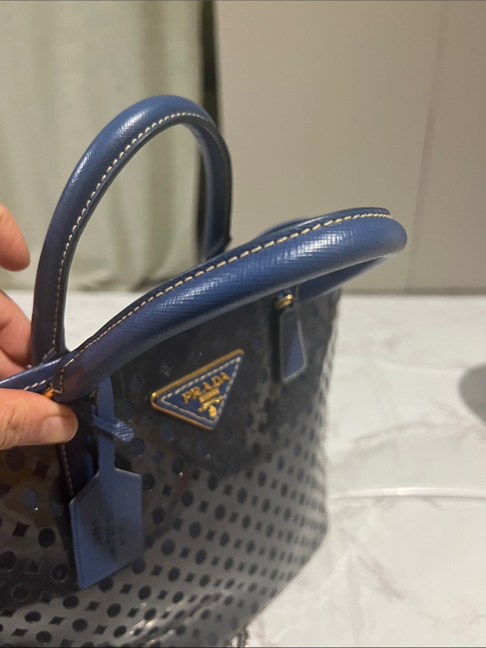 Prada Navy Perforated Patent Leather Shoulder Tote with Chain Strap - Picture 8 of 10